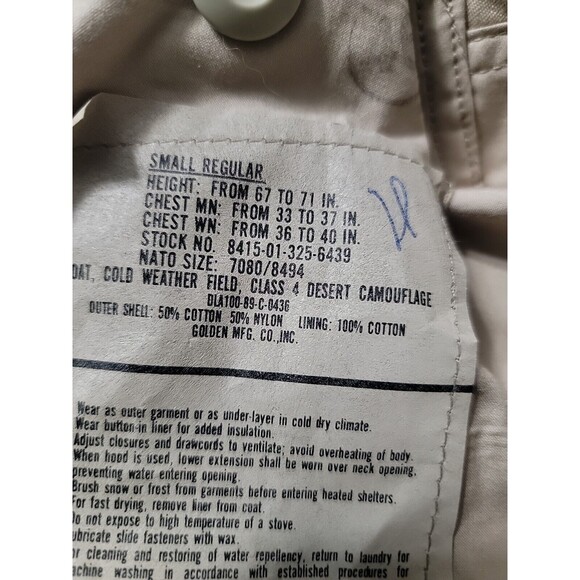 US Military Field Jacket Coat Cold Weather Desert Camouflage Sm Regular - Picture 5 of 5